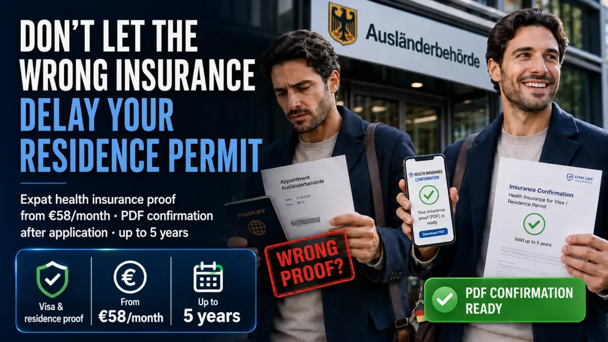 Foreign expat professional reviewing long-term private health insurance options before the Ausländerbehörde appointment in Germany
