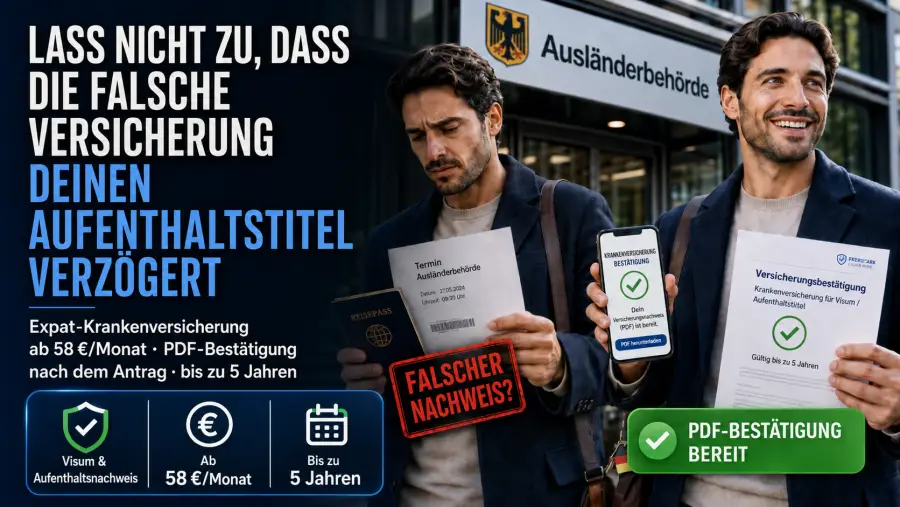 Expat mit Reisepass und Versicherungsbestätigung vor der Ausländerbehörde — Krankenversicherung für Aufenthaltstitel in Deutschland