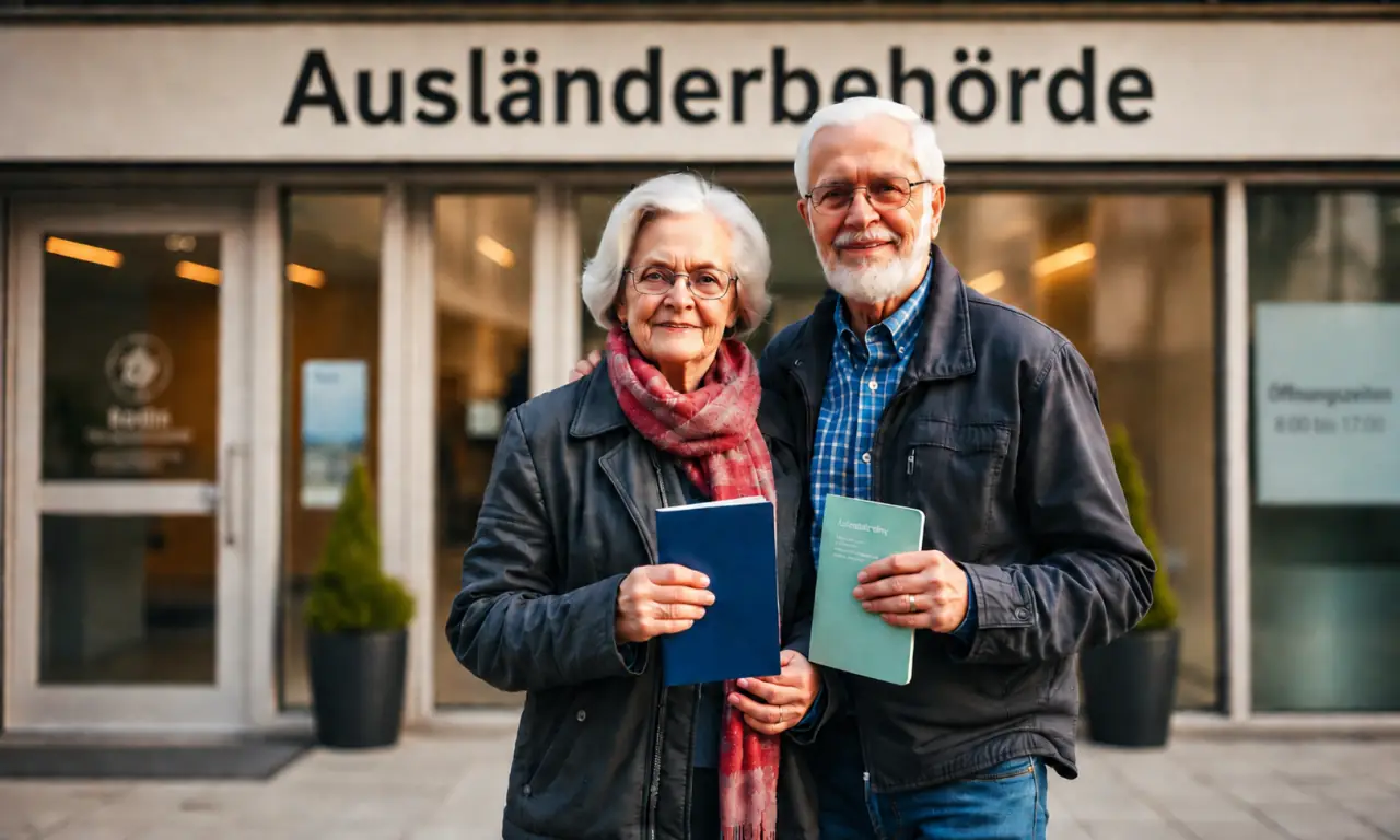 Senior international couple outside the Ausländerbehörde holding a passport and a German health-insurance certificate for parent reunification