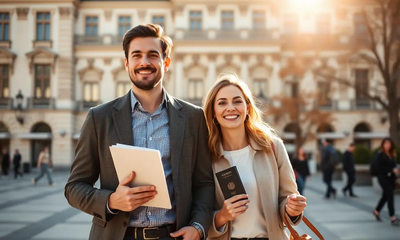 International couple in Vienna holding a folder and passport in front of historic MA 35 / Hofburg architecture, on their way to the Austrian residence-permit appointment