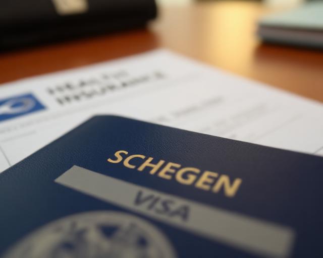 Schengen-Visum und Versicherungsbestätigung auf Schreibtisch – Mindestdeckung 30.000 Euro