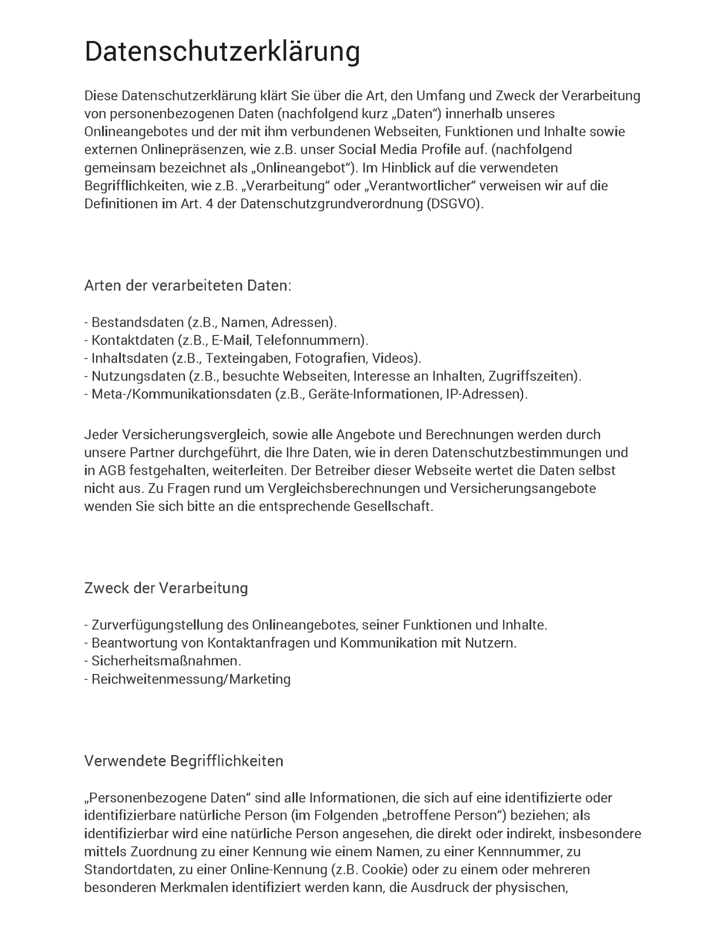 Datenschutzerklärung Seite 1