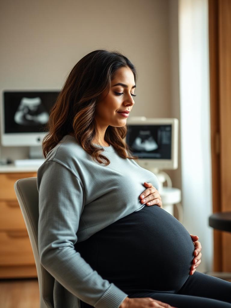 Pregnant expat woman at a German doctor's office with an ultrasound monitor in the background — Care Expatriate from €58/month covers pregnancy after an 8-month waiting period, DAK-Gesundheit covers pregnancy from day 1 of the employee contract