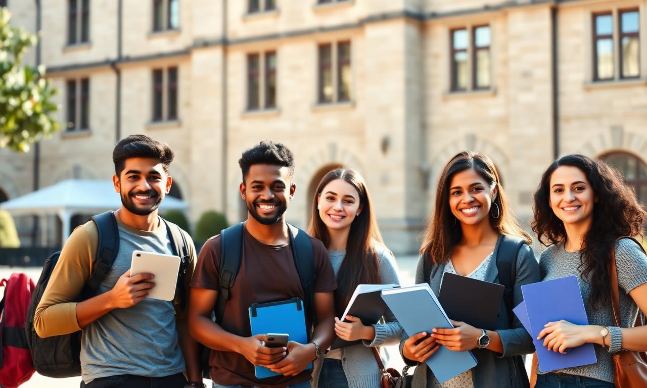 Diverse international students smiling on a German university campus on their first day