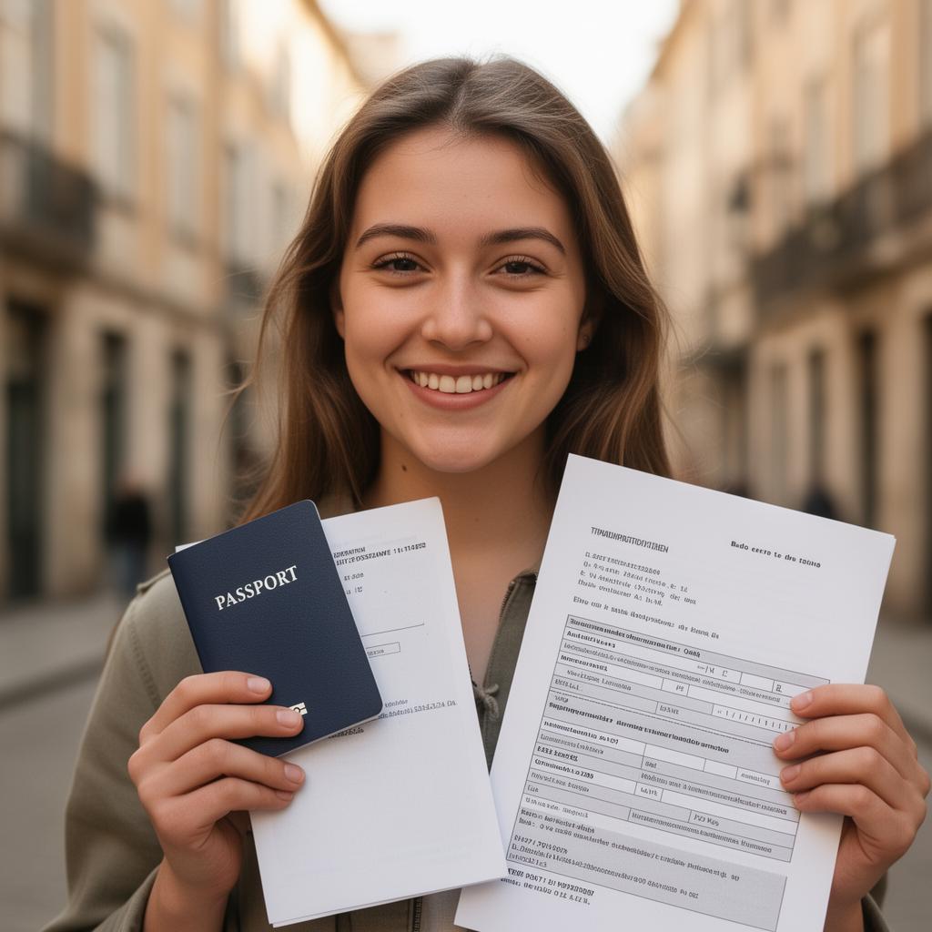 Visa applicant at the German embassy holding a passport and insurance certificate for the Schengen and national D-visa file